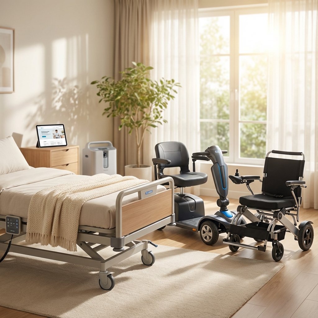 Medical equipment including hospital bed, wheelchair, and mobility scooter